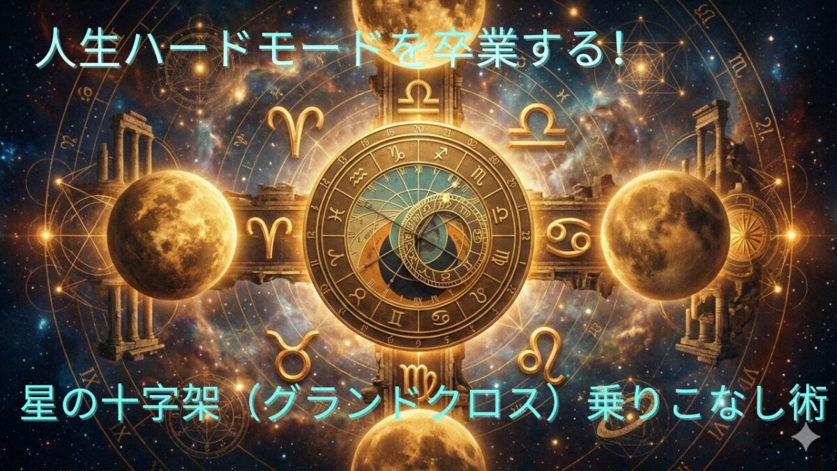 西洋占星術のグランドクロスを解説するアイキャッチ画像。ホロスコープの中に描かれた光り輝く十字架と「人生ハードモードを卒業する！乗りこなし術」という文字。